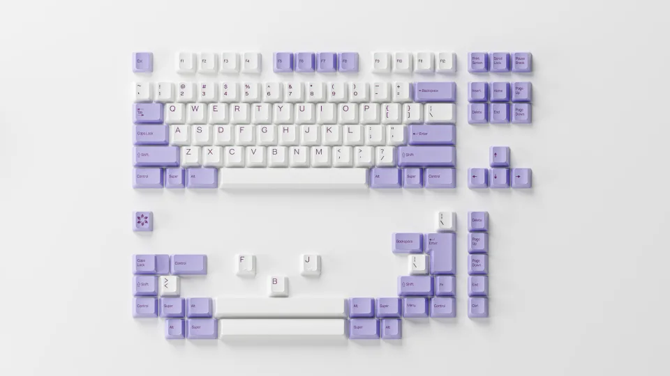 DCS Lily Revival base kit: full keycap layout in white and lilac with purple legends