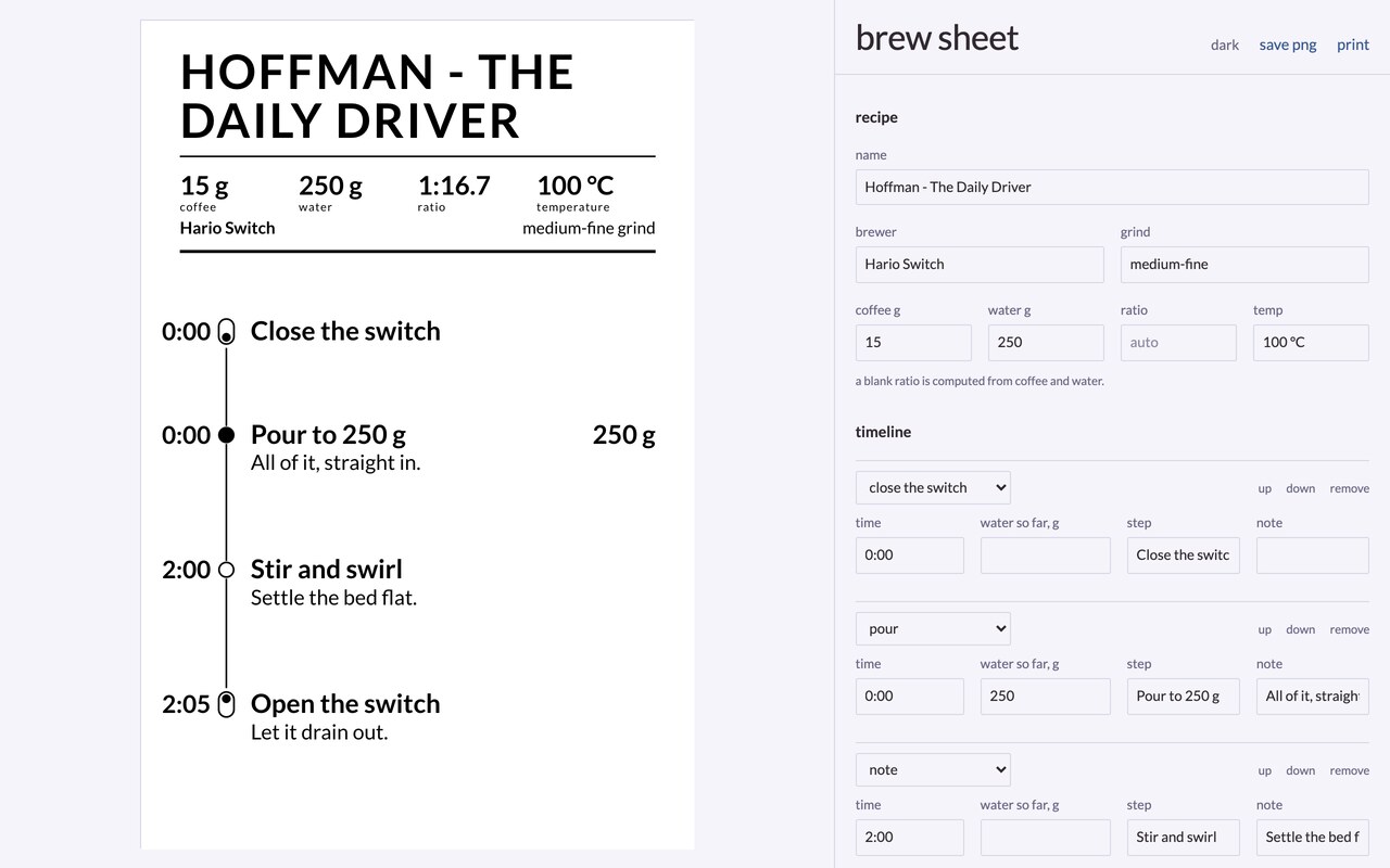 brew: a printable hario switch recipe sheet next to the editor that generated it, with a timeline of pours and lever markers