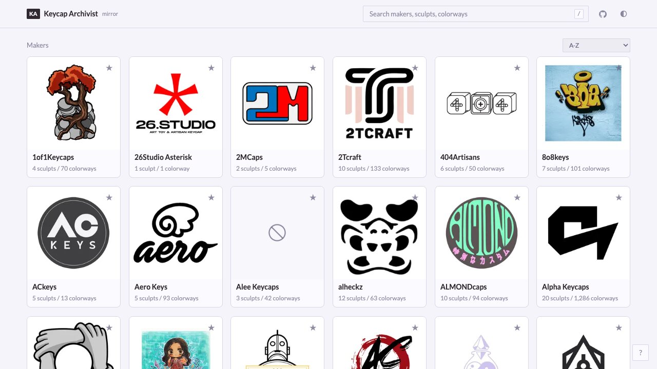 ka-mirror: a searchable grid of artisan keycap makers, with logos and sculpt counts per maker