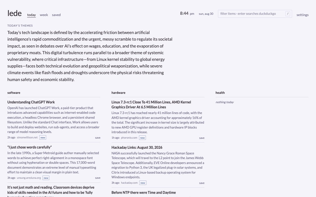 lede's today board: clock and search box on top, a summary of the day's themes, then stories grouped into software, hardware, and health columns