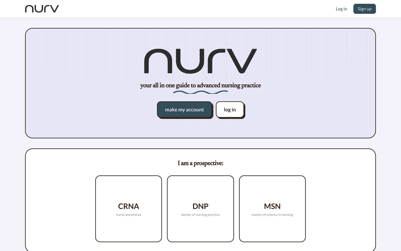 nurv landing page: the nurv wordmark and tagline 'your all in one guide to advanced nursing practice' above account buttons, with crna, dnp, and msn track cards below
